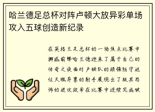哈兰德足总杯对阵卢顿大放异彩单场攻入五球创造新纪录 哈兰德足总杯对阵卢顿大放异彩单场攻入五球创造新纪录