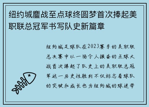 纽约城鏖战至点球终圆梦首次捧起美职联总冠军书写队史新篇章