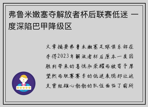 弗鲁米嫩塞夺解放者杯后联赛低迷 一度深陷巴甲降级区